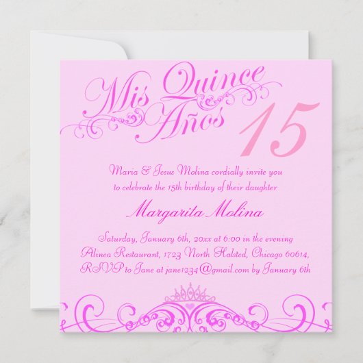 Roze Tiara Quinceanera Uitnodiging (Voorkant)