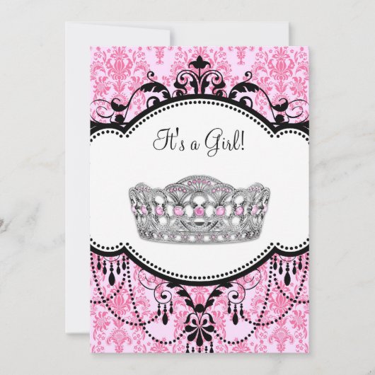 Roze Tiara Roze Zwart Damask Baby shower Kaart (Voorkant)