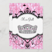 Roze Tiara Roze Zwart Damask Baby shower Kaart (Voorkant / Achterkant)