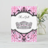 Roze Tiara Roze Zwart Damask Baby shower Kaart (Staand voorkant)
