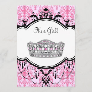 Roze Tiara Roze Zwart Damask Baby shower Kaart