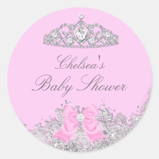 Roze Tiara & Strik Baby Shower Sticker (Voorkant)