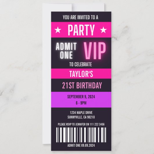 Roze Ticket 21e Enige Leeftijd Verjaardagsfeestje Kaart (Voorkant)