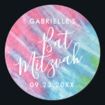 Roze Tie Dye Bat Mitzvah Party Dank je wel voor Ronde Sticker<br><div class="desc">Roze,  Turquoise en Aqua Blue Tie Dye Gepersonaliseerde Sticker voor een Hippie Chic Bat Mitzvah met aangepaste naam en datumtekst,  is geweldig voor uitnodigingsenvelopzegels en gunstetiketten. Onderdeel van een collectie ontworpen door Paper Grape voor Zazzle.</div>
