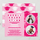 Roze Tie Dye Foto Dubbele Graduatie Partij Kaart (Voorkant / Achterkant)