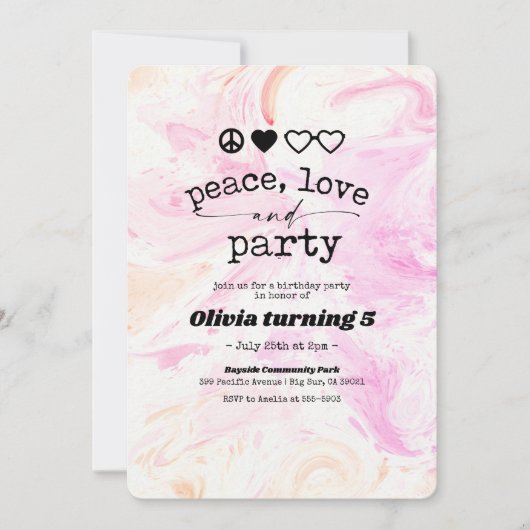 Roze Tie Dye Vrede Liefde Verjaardagsuitnodiging Kaart (Voorkant)