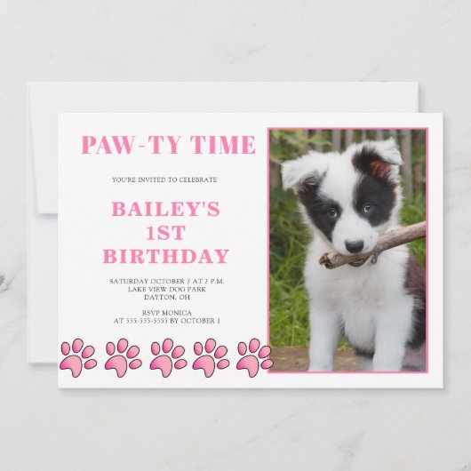 Roze tijd Dog Birthday uitnodiging (Voorkant)