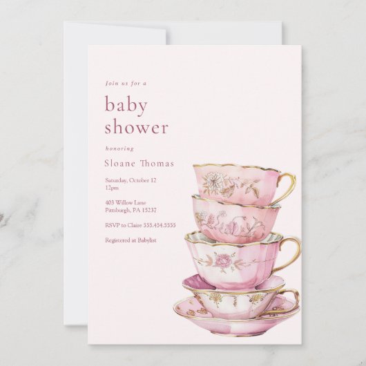 Roze Tijd voor Thee Baby shower Uitnodiging (Voorkant)