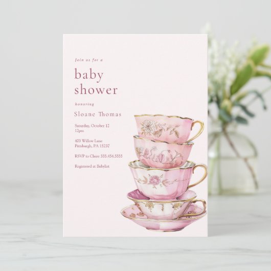 Roze Tijd voor Thee Baby shower Uitnodiging (Staand voorkant)