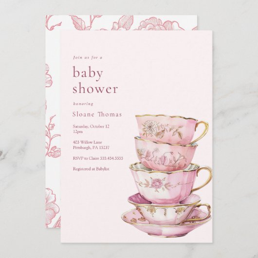 Roze Tijd voor Thee Baby shower Uitnodiging (Voorkant / Achterkant)