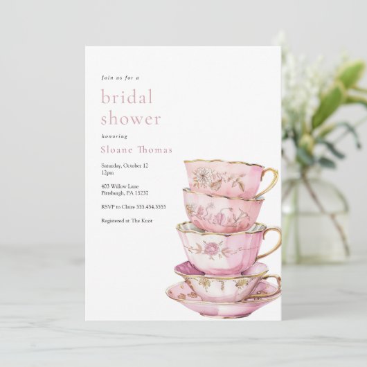 Roze Tijd Voor Thee Bruids Douche Uitnodiging (Staand voorkant)