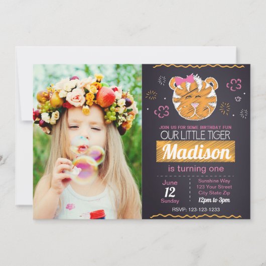 Roze tijger - Birthday - uitnodiging met foto (Voorkant)