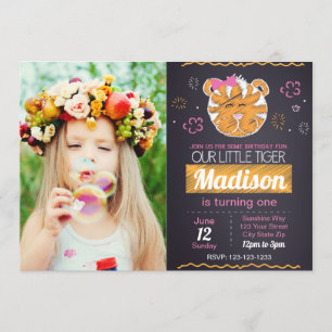 Roze tijger - Birthday - uitnodiging met foto