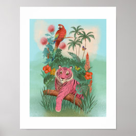 Roze Tijger en Papegaai Tropisch Oerwoud Art Print