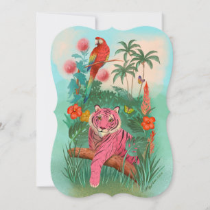 Roze Tijger en Papegaai Tropisch Oerwoud Blank Kaart