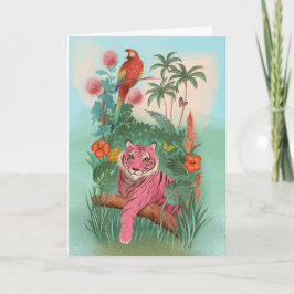 Roze Tijger en Papegaai Tropisch Oerwoud Blank Kaart