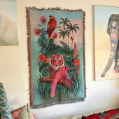 Roze Tijger en Papegaai Tropisch Oerwoud | Deken