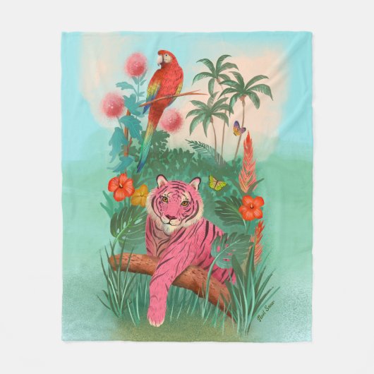 Roze Tijger en Papegaai Tropisch Oerwoud Fleece Deken (Voorkant)
