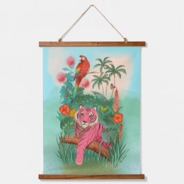 Roze Tijger en Papegaai Tropisch Oerwoud Hangend Wandkleed
