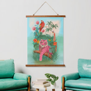 Roze Tijger en Papegaai Tropisch Oerwoud Hangend Wandkleed