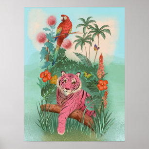 Roze Tijger en Papegaai Tropisch Oerwoud Poster