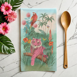 Roze Tijger en Papegaai Tropisch Oerwoud Theedoek