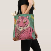 Roze Tijger en Papegaai Tropisch Oerwoud Tote Bag (Dichtbij)