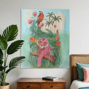 Roze Tijger en Papegaai Tropisch Oerwoud Wandkleed