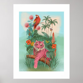 Roze Tijger en Papegaai Tropische Grote Kunst Prin Poster
