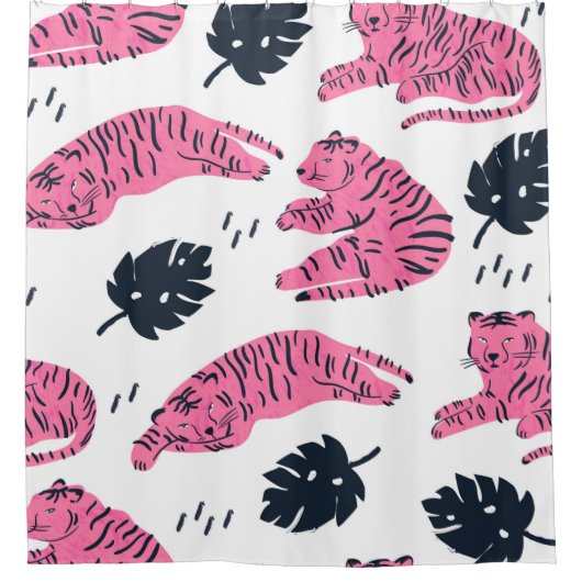 Roze tijger ligt in verschillende posities. Tropis Douchegordijn (Voorkant)
