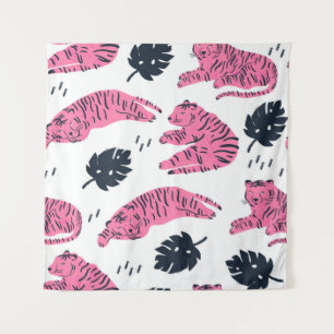 Roze tijger ligt in verschillende posities. Tropis Wandkleed
