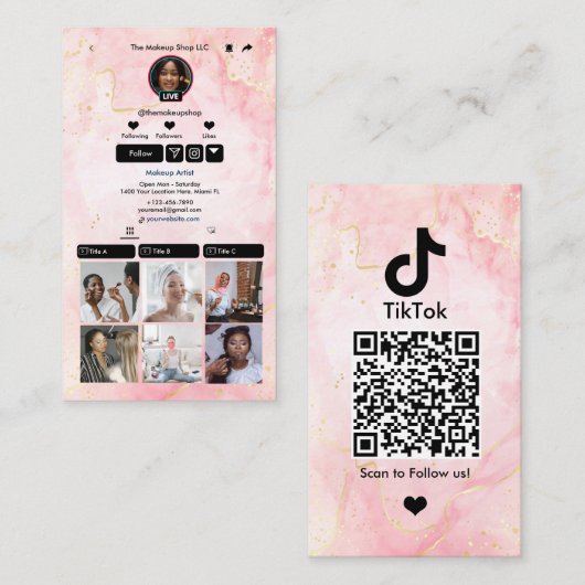 Roze TikTok Marmer QR Code Social Media Visitekaartje (Voorkant / Achterkant)
