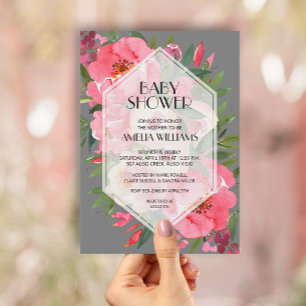 Roze tinnen grijze Floral Baby Shower-uitvindingen Kaart
