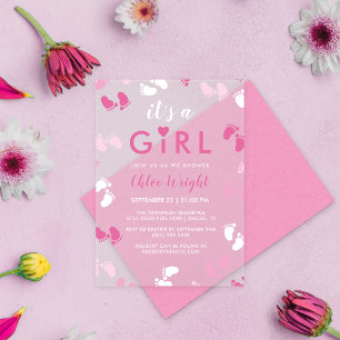 Roze tinten Het is een meisje baby voetafdrukken Acryl Uitnodigingen