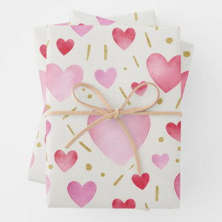 Roze tinten waterverf & gouden glitter harten inpakpapier vel