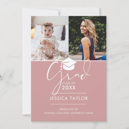 Roze toen en nu 2 foto afstudeerfeest kaart (Voorkant)