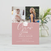 Roze toen en nu 2 foto afstudeerfeest kaart (Staand voorkant)