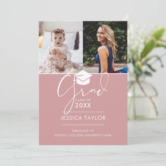 Roze toen en nu 2 foto afstudeerfeest kaart (Staand voorkant)
