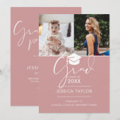 Roze toen en nu 2 foto afstudeerfeest kaart (Voorkant / Achterkant)