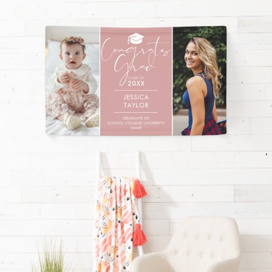 Roze toen en nu 2 foto afstudeerfeest spandoek (Insitu)