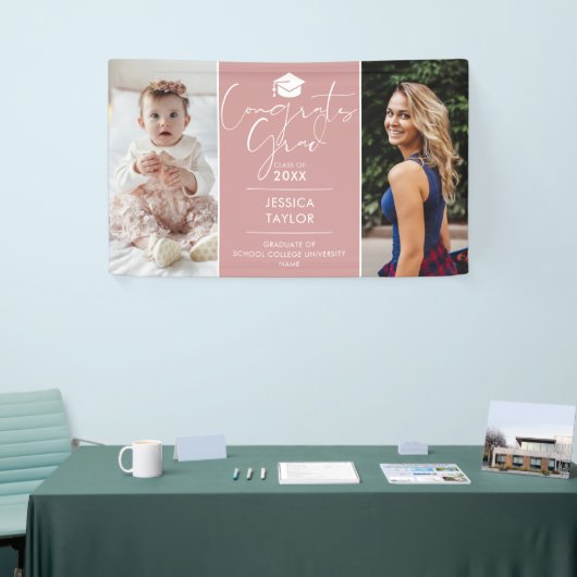 Roze toen en nu 2 foto afstudeerfeest spandoek (Beurs)