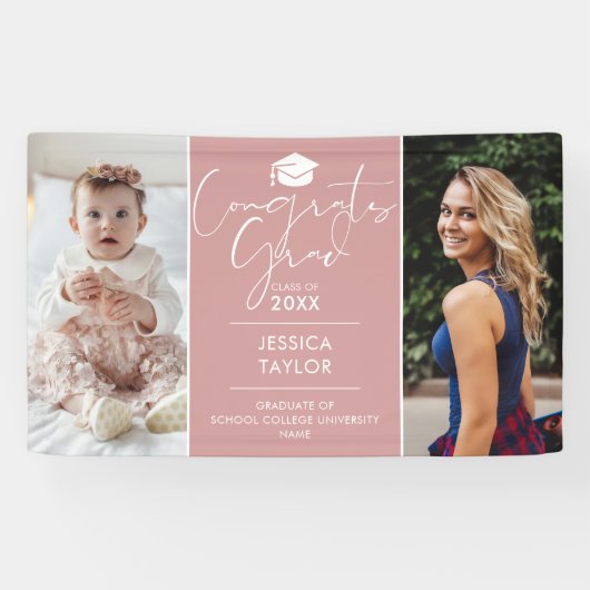 Roze toen en nu 2 foto afstudeerfeest spandoek (Horizontaal)