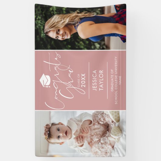 Roze toen en nu 2 foto afstudeerfeest spandoek (Verticaal)