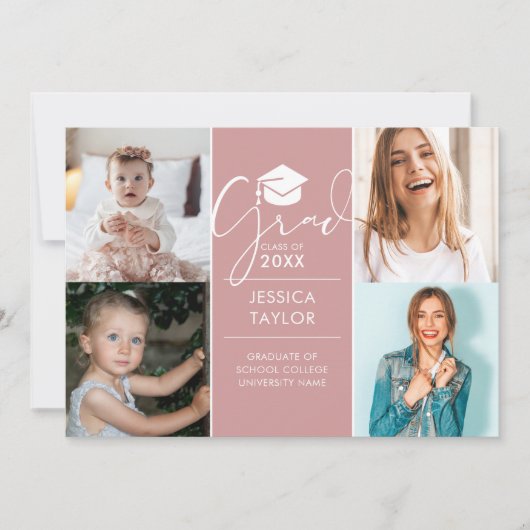 Roze Toen En Nu 4 Foto Afstudeerfeest Kaart (Voorkant)