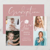 Roze Toen En Nu 4 Foto Afstudeerfeest Kaart (Voorkant / Achterkant)