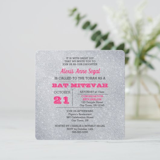 Roze Toermalijn en Zilveren Glitter Bat Mitswa Kaart (Staand voorkant)