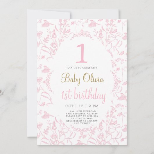 Roze Toile 1e Verjaardag uitnodiging (Voorkant)