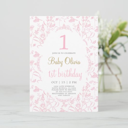 Roze Toile 1e Verjaardag uitnodiging (Staand voorkant)