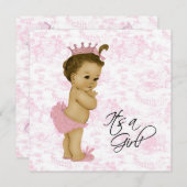 Roze  Toile Baby Meisje Douche Kaart (Voorkant / Achterkant)