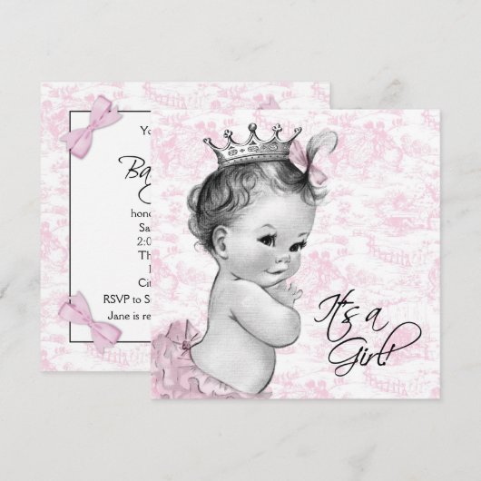 Roze  Toile Baby Meisje Douche Kaart (Voorkant / Achterkant)